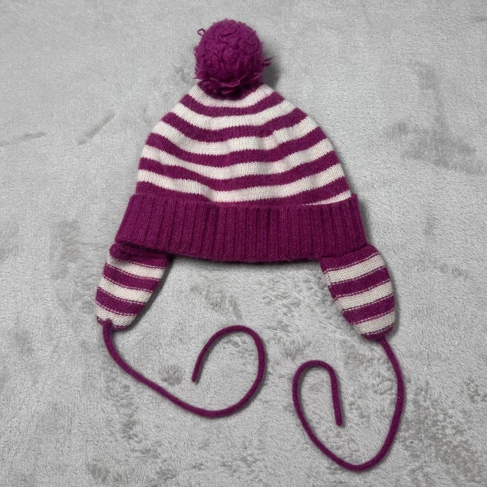 Baby CZ by Carolina Zapf 100% Cashmere Knit Pom Striped Ear Muff Beanie 18-24 M